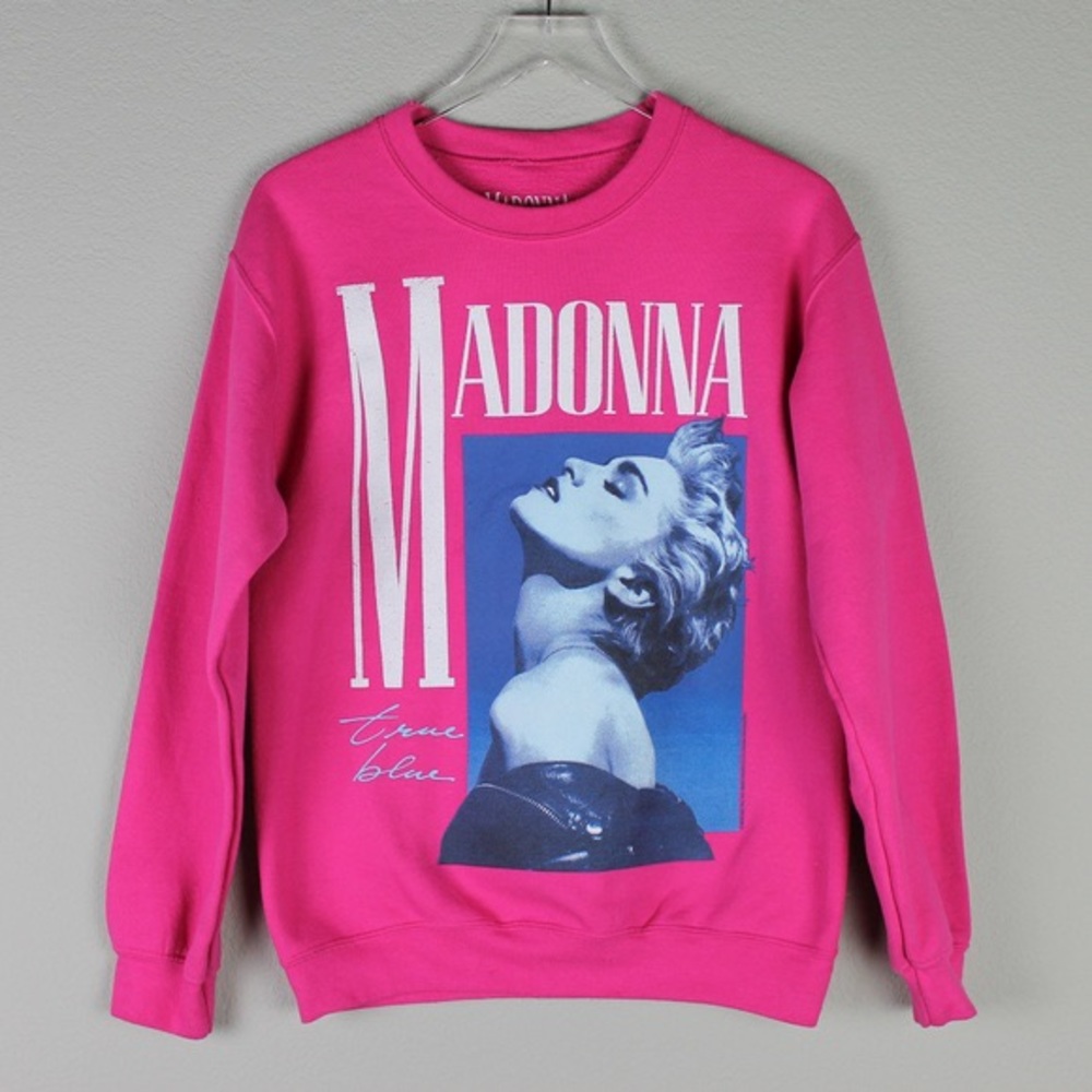 Pink/white sweatshirt featuring a front Madonna